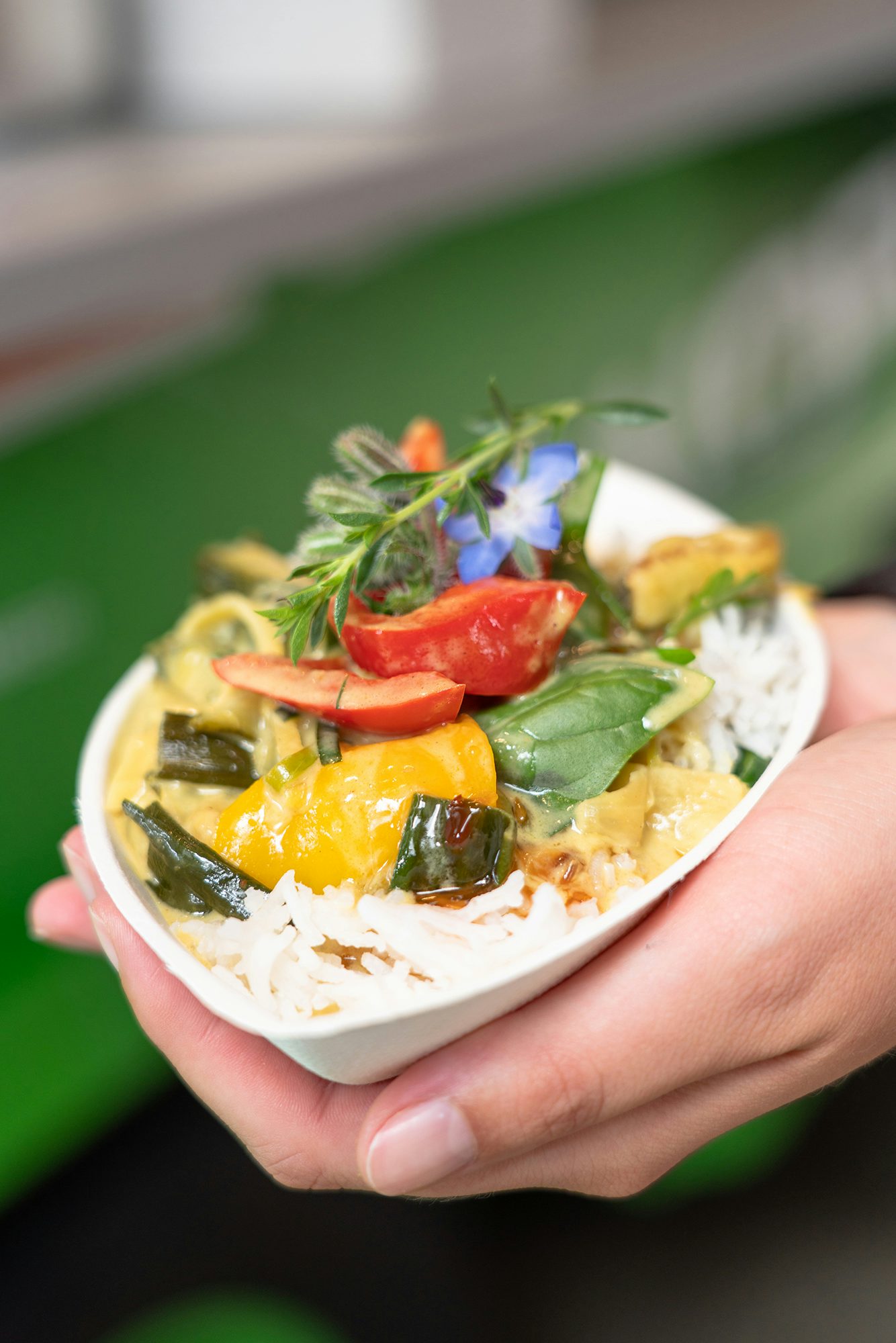 JR Foodtruck: asiatisches Curry mit Reis und buntem Gemüse in einer Essensschale