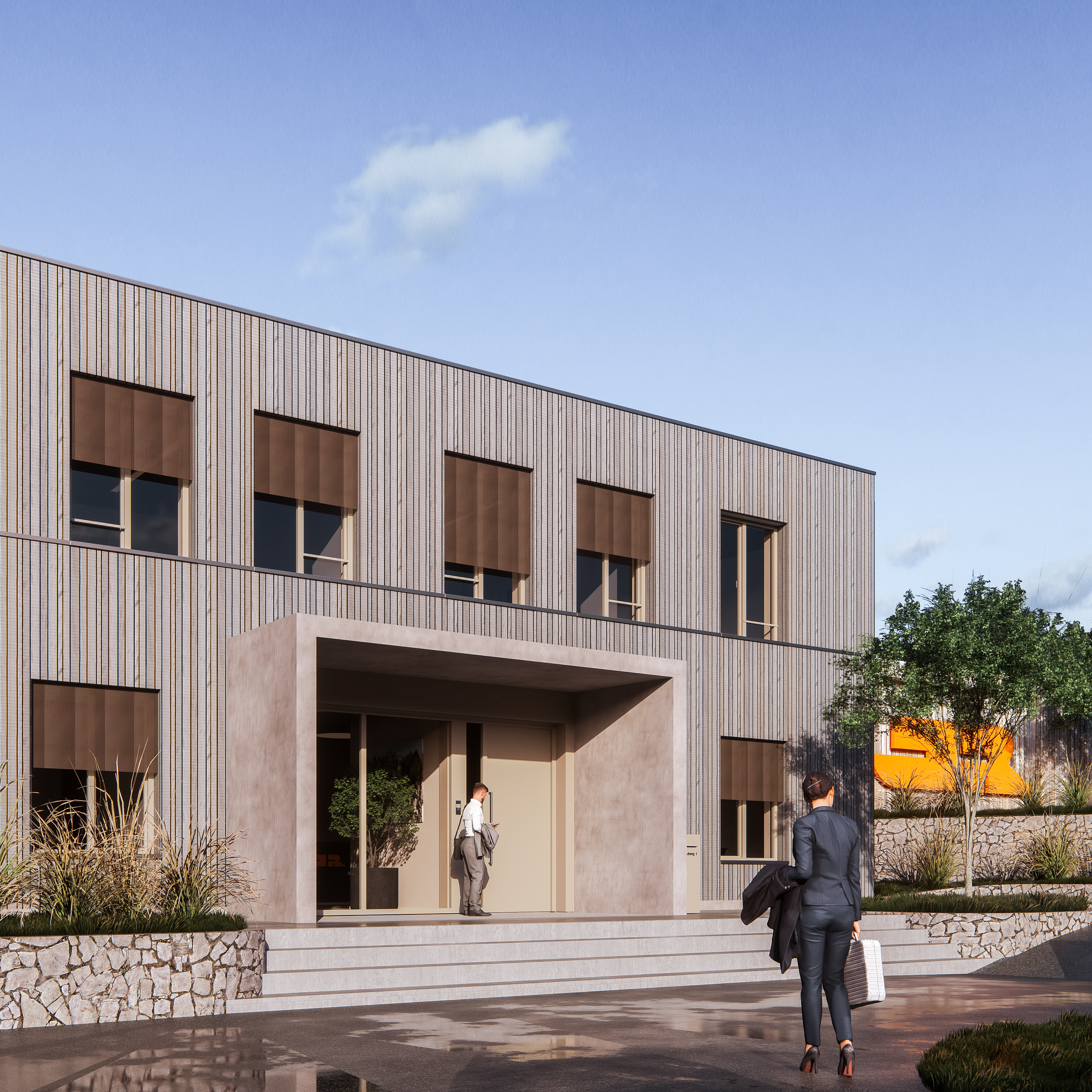 Außenansicht des Eingangsbereichs vom neuen Bürogebäudes am JR Standort Blauberg