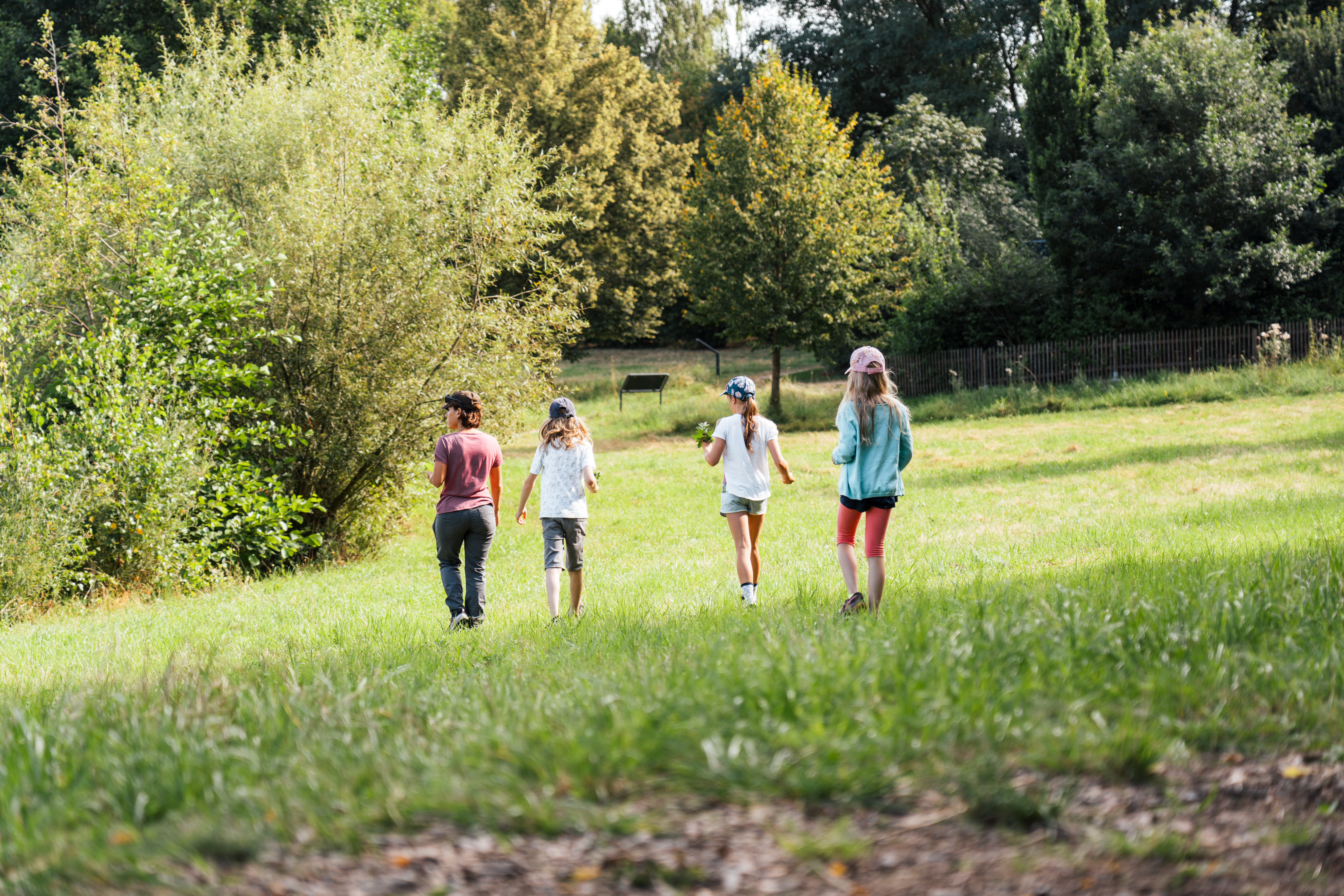 Kinder gehen auf einer Wiese um den Satzdorfer See, umgeben von Natur