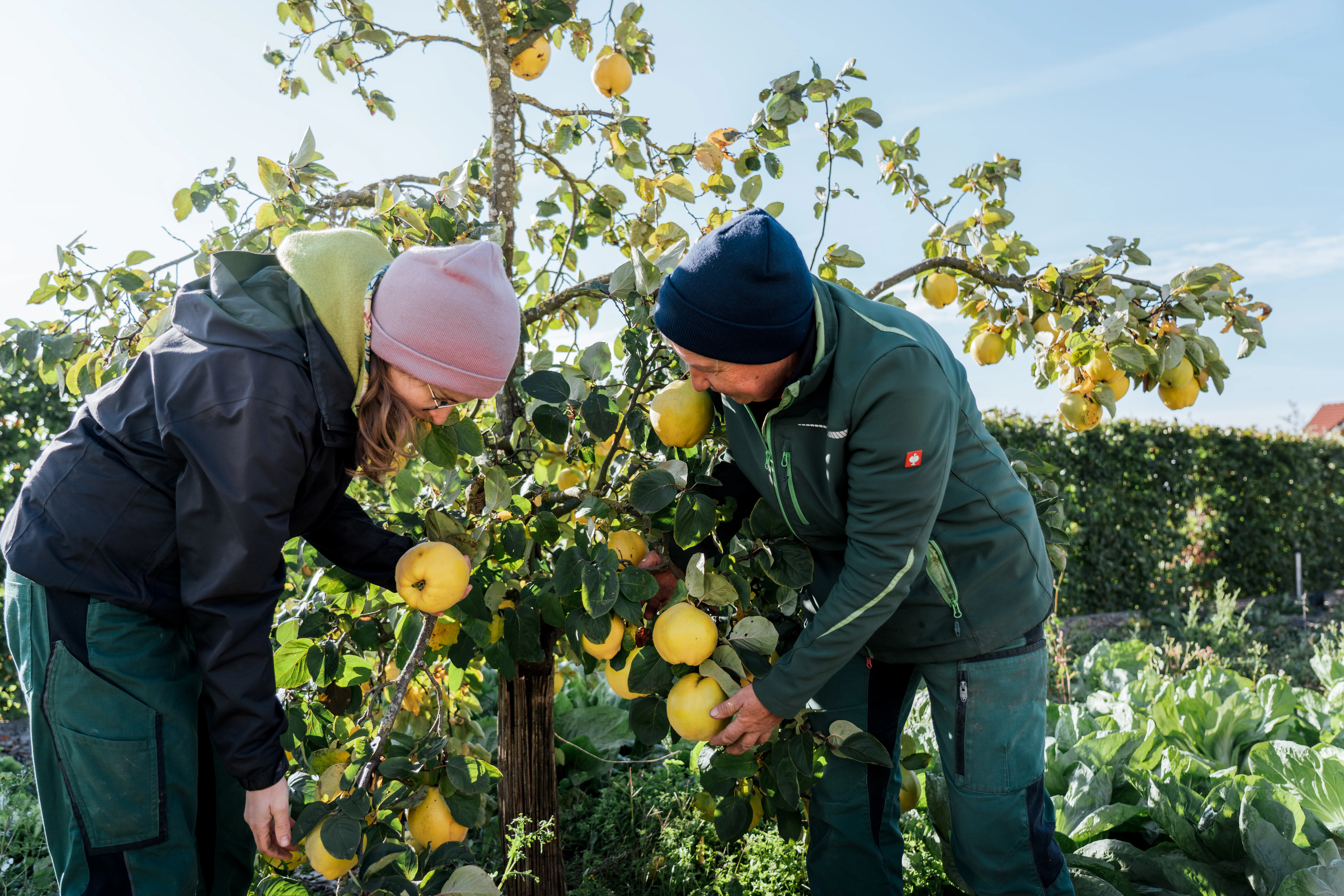 Aufnahme zwei Gärtnerin von JR vor einem Birnenbaum im Gemüsegarten des 's Kloster