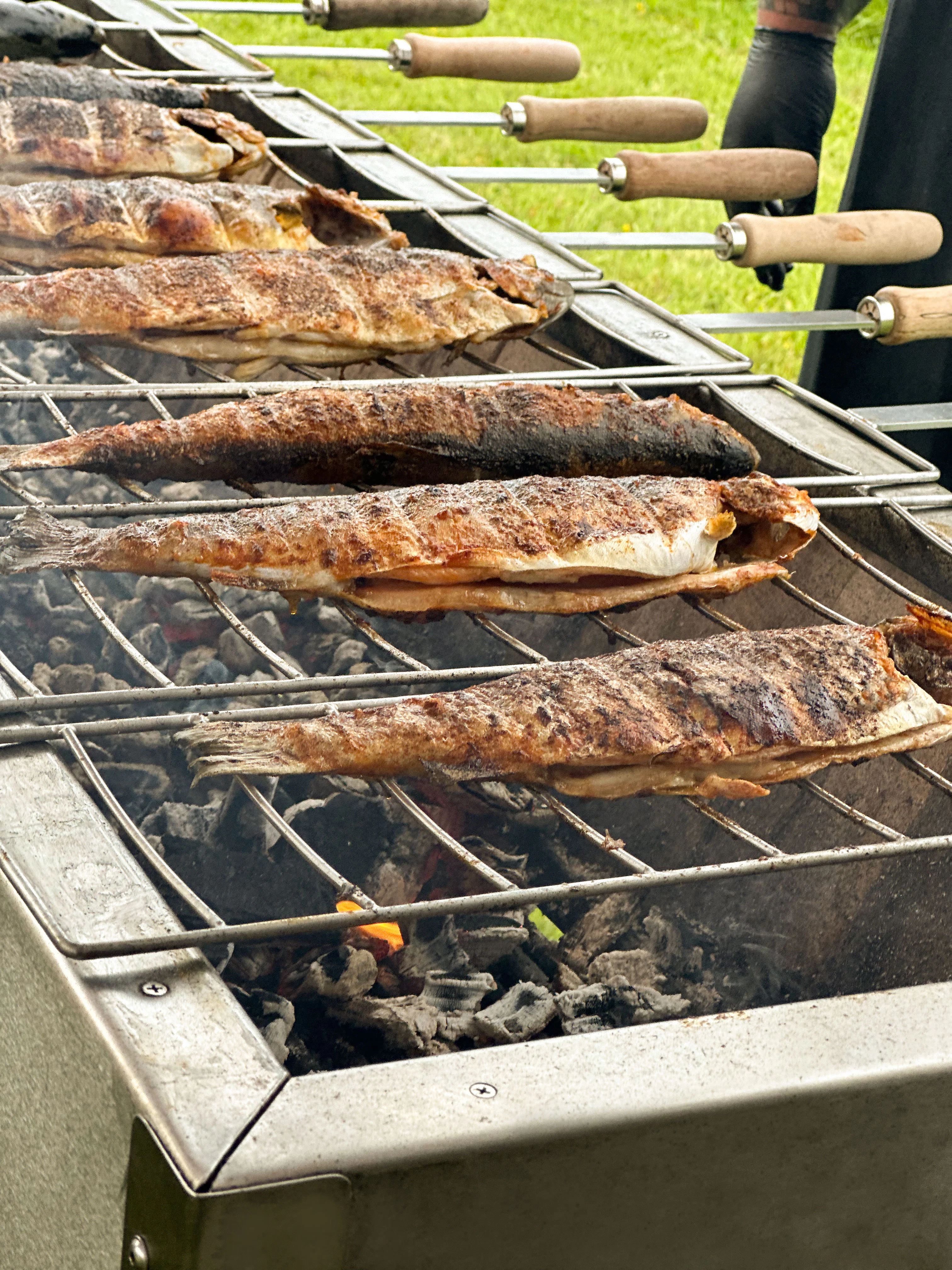 Aufnahme von einigen Steckerlfischen auf einem Rost, während sie über Kohle gegrillt werden
