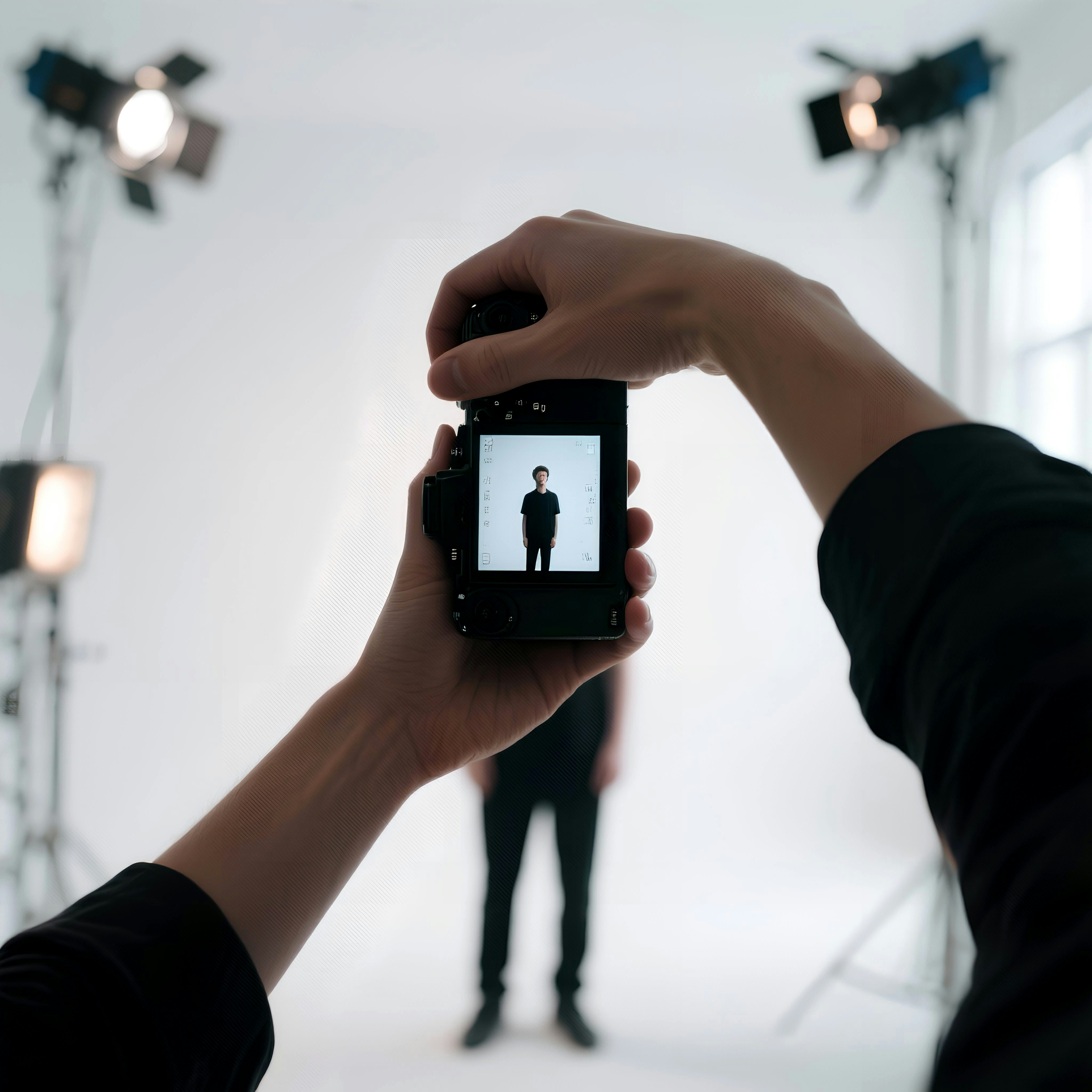 Fotograf macht ein Porträtfoto im Fotostudio, Kamera zeigt Person im Hintergrund, umgeben von Studiolichtern und weißem Hintergrund