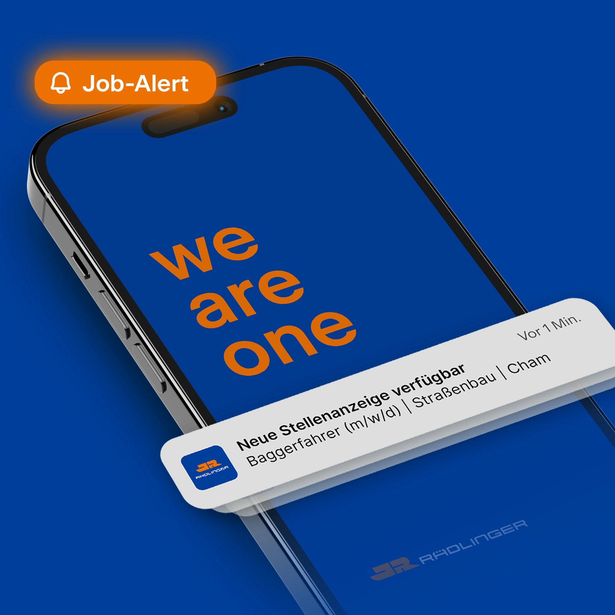 Display eines Smartphones, auf dem eine Push-Nachricht für ein neues Stellenangebot bei der Josef Rädlinger Unternehmensgruppe angezeigt wird