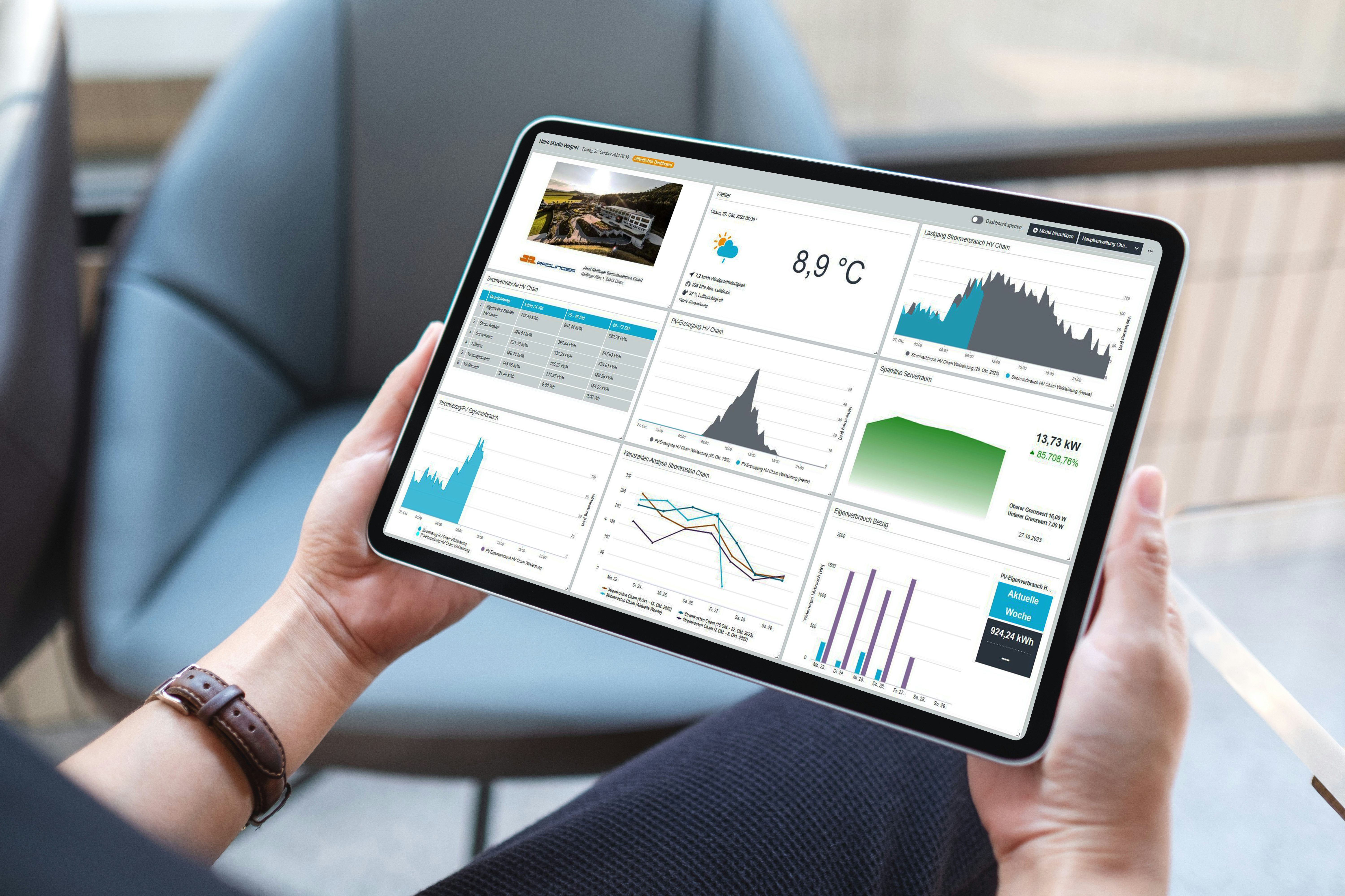 Bildschirm der Energiemonitoring-Software auf einem Tablet mit Grafiken und Energieverbräuchen