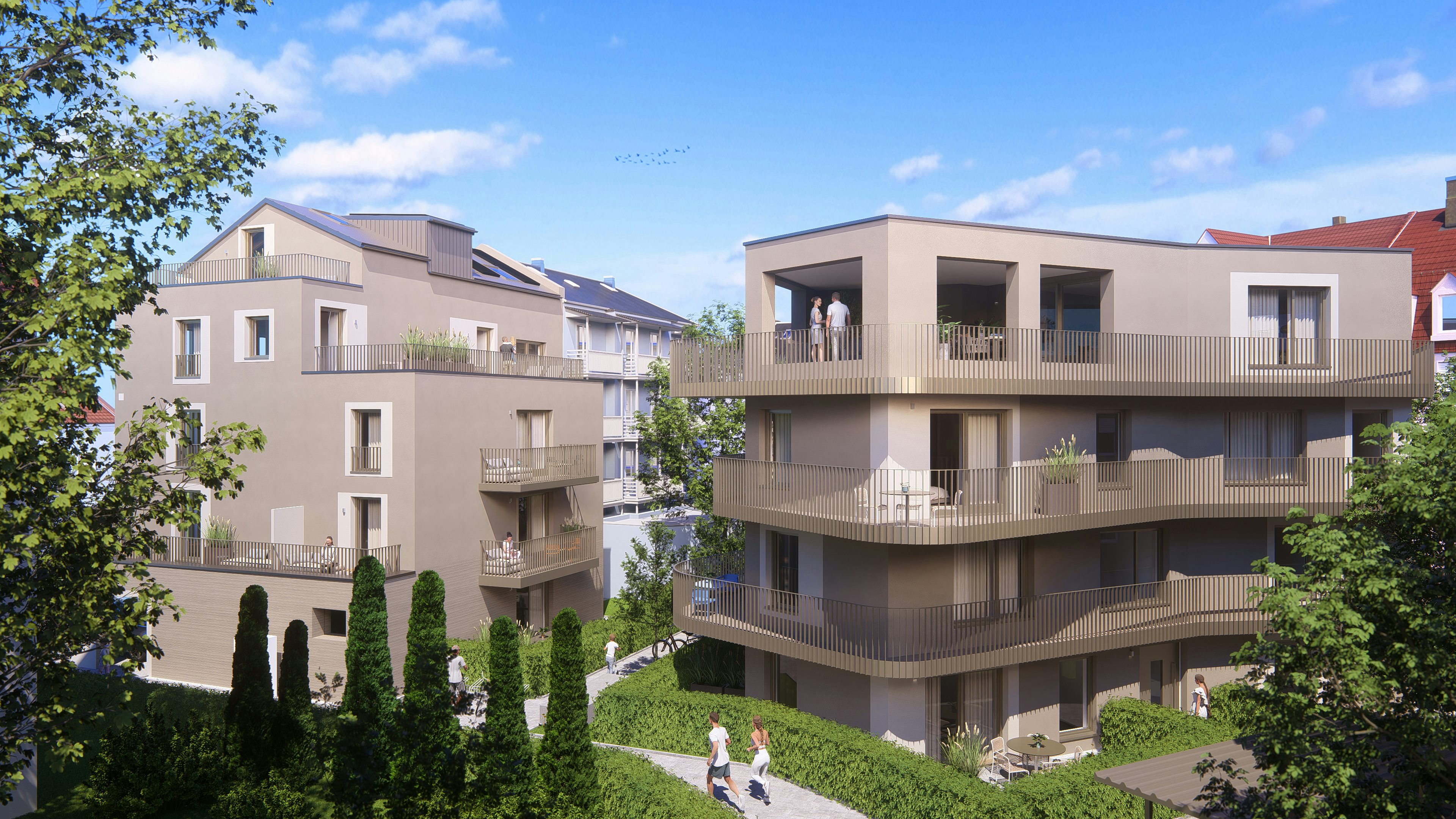 Visualisierung der Neubau-Wohnanlage Sternhof in Regensburg, zwei Mehrfamilienhäuser nebeneinander umgeben von einer Grünanlage, Außenansicht