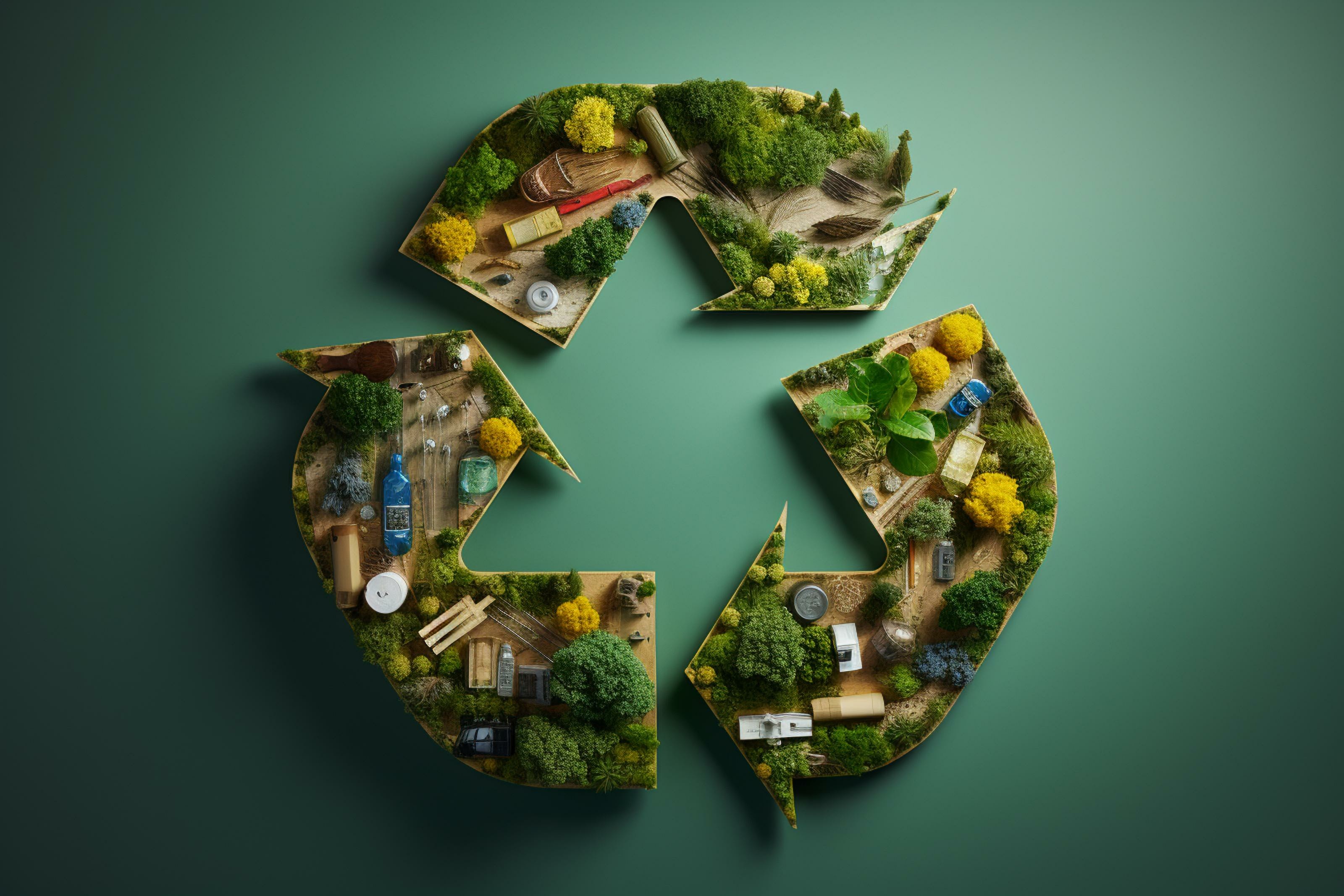 Recycling-Symbol aus natürlichen und recycelbaren Materialien auf grünem Hintergrund, Symbol für Kreislauf- und Abfallwirtschaft