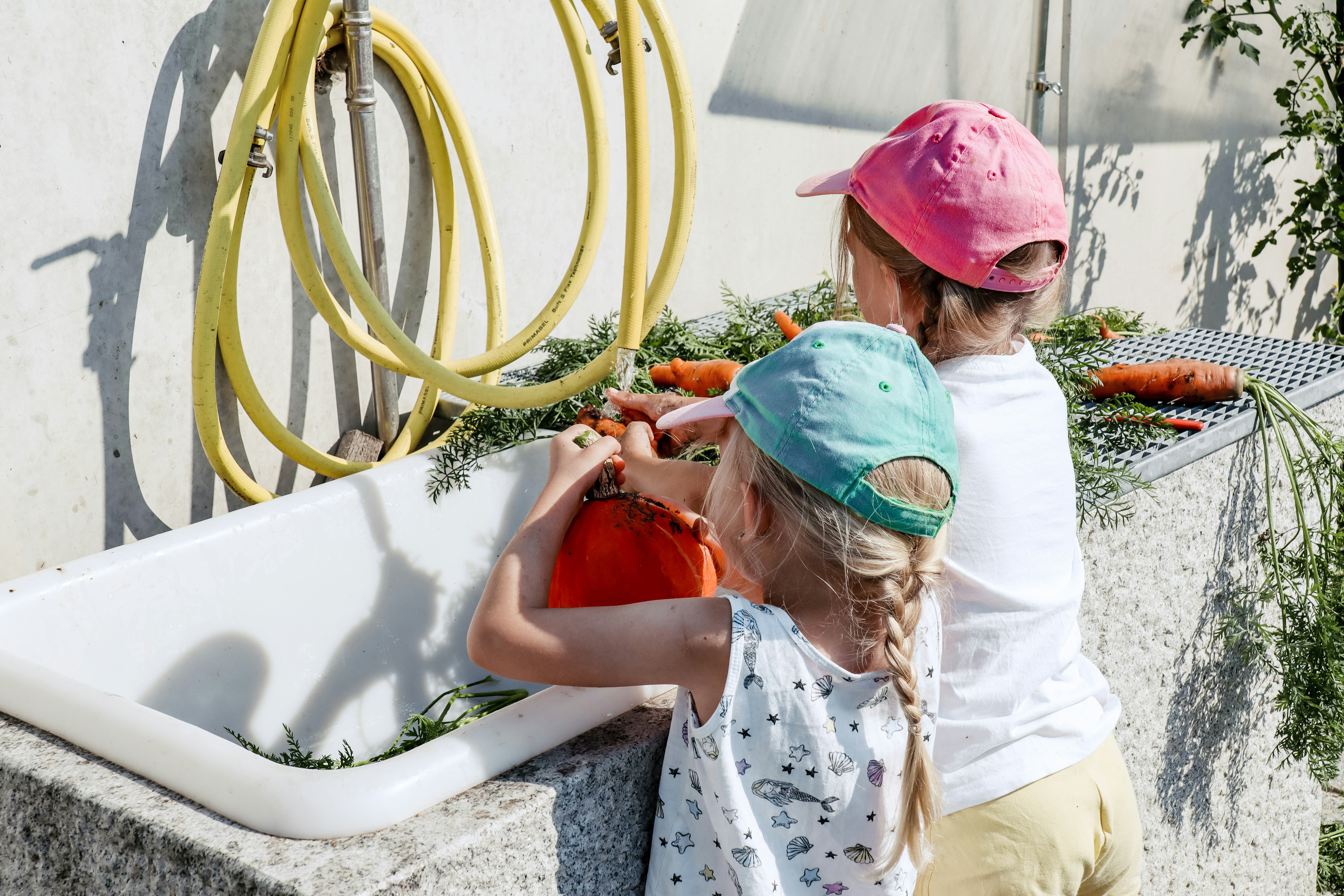 Josef Rädlinger Benefits: Umweltbildung: Zwei Kinder waschen Gemüse aus dem Biogemüse-Garten