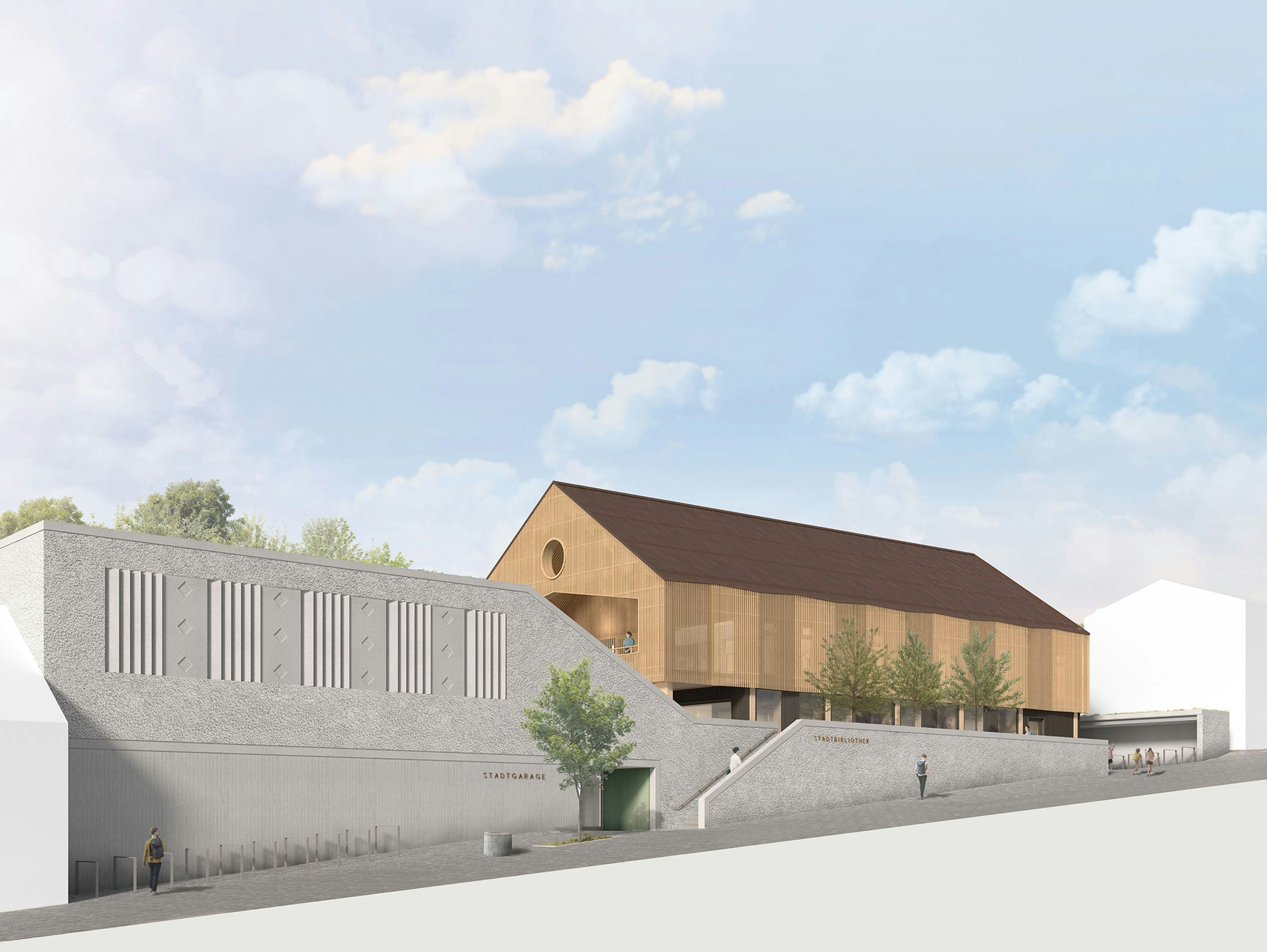 Visualisierung der Außenansicht des Neubaus der Stadtgarage mit Bibliothek in Bad Kötzting