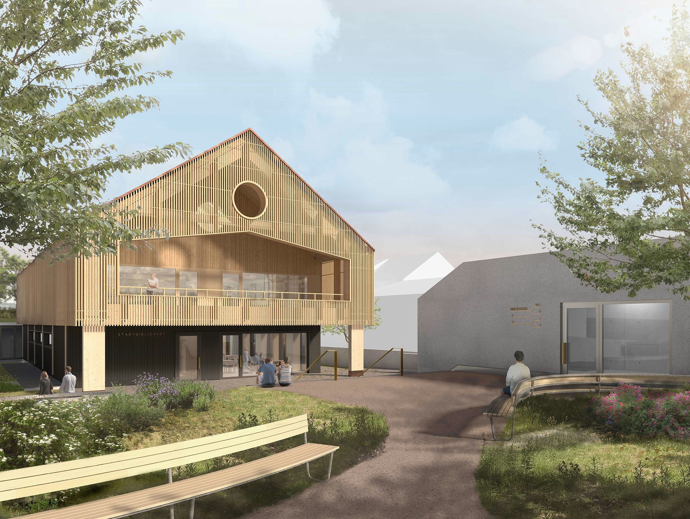 Visualisierung von außen mit Sitzgelegenheiten und Park des Neubaus der Stadtgarage mit Bibliothek in Bad Kötzting