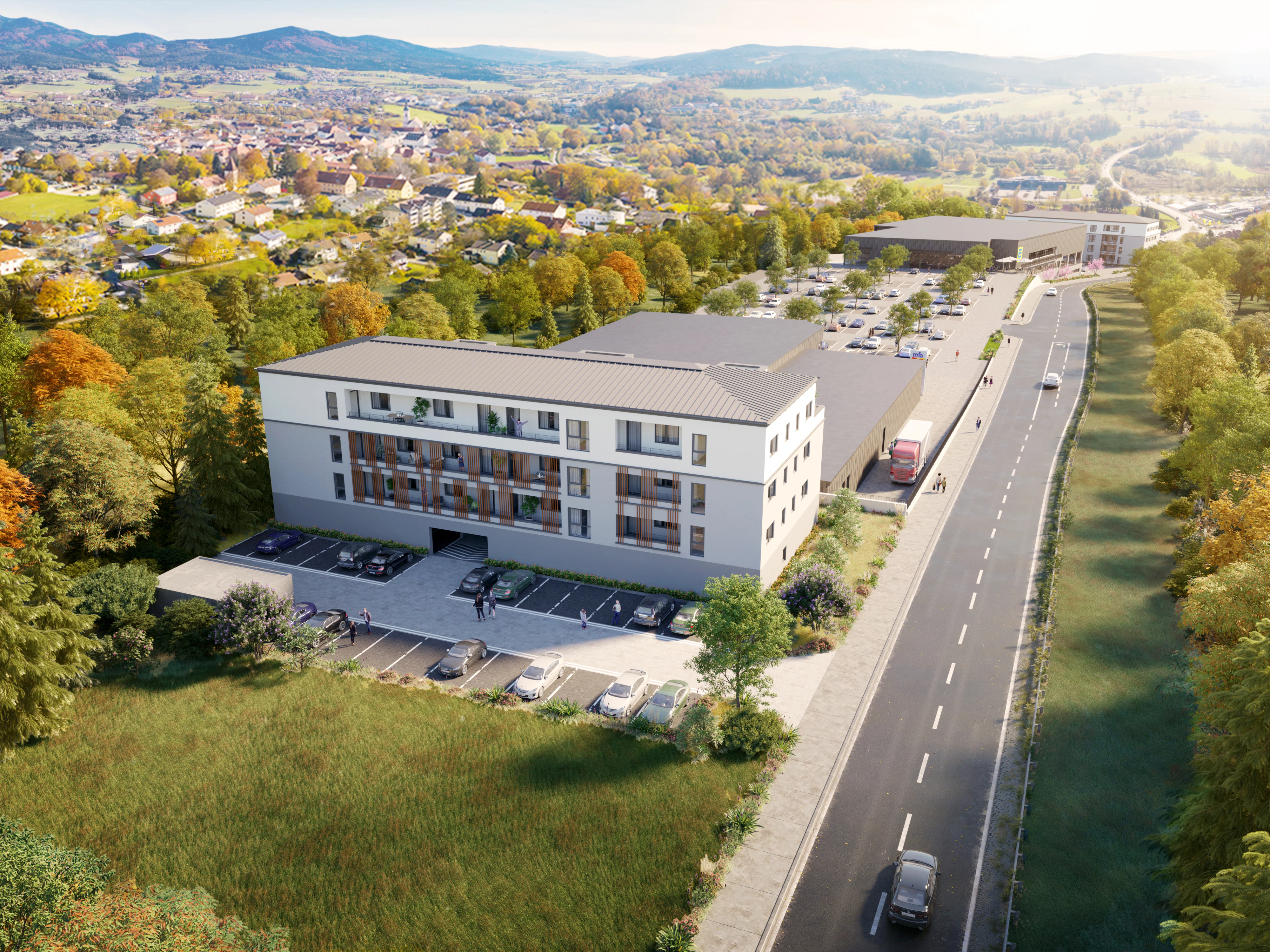 Modellansicht Drohnenperspektive der künftigen Umgehung mit neuen Wohn- und Geschäftsgebäuden