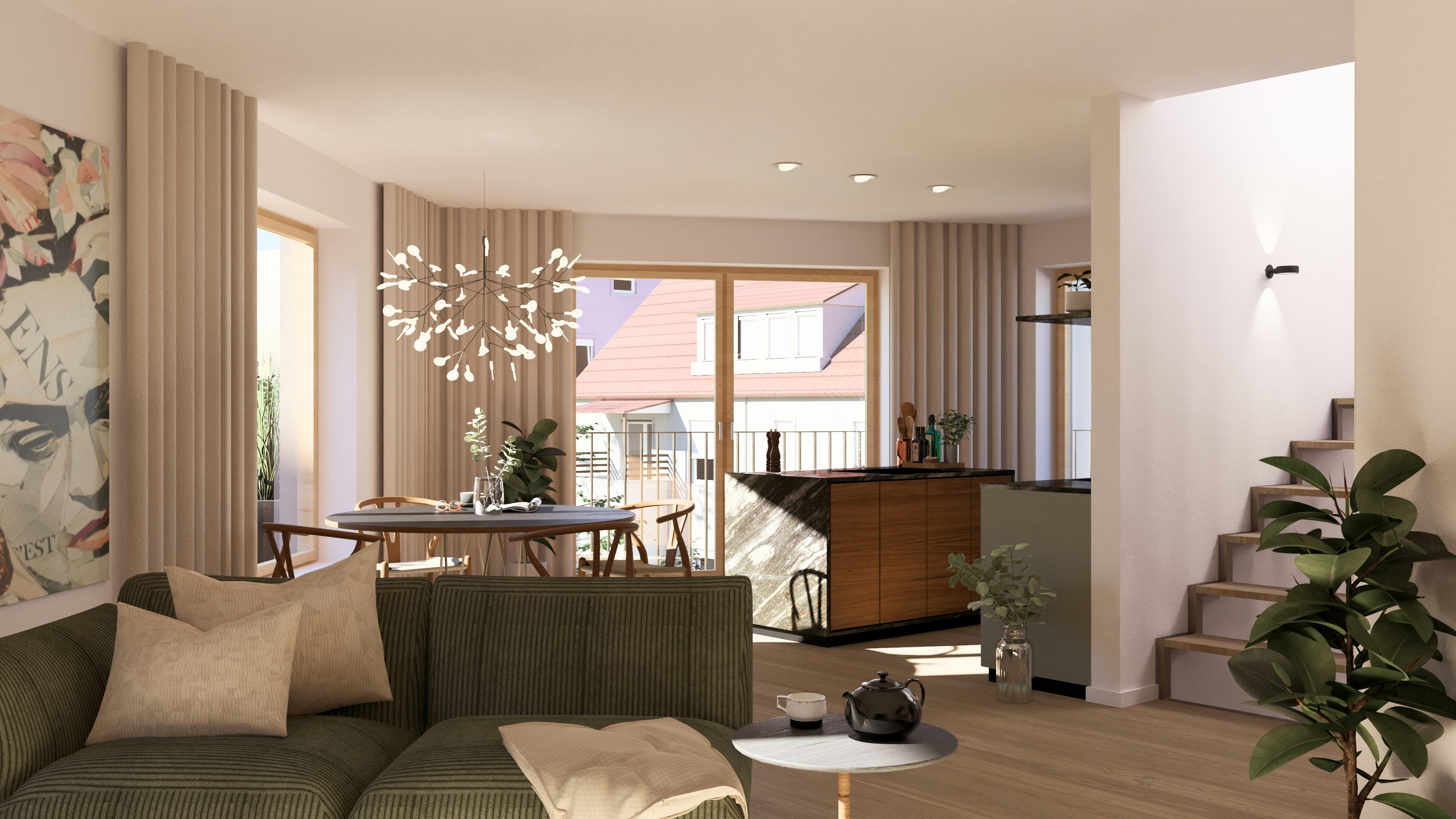 Sternhof-Immobilie, Regensburg: Visualisierung Küche einer Maisonette-Wohnung mit Wohn- und Essbereich sowie Zugang zum Balkon