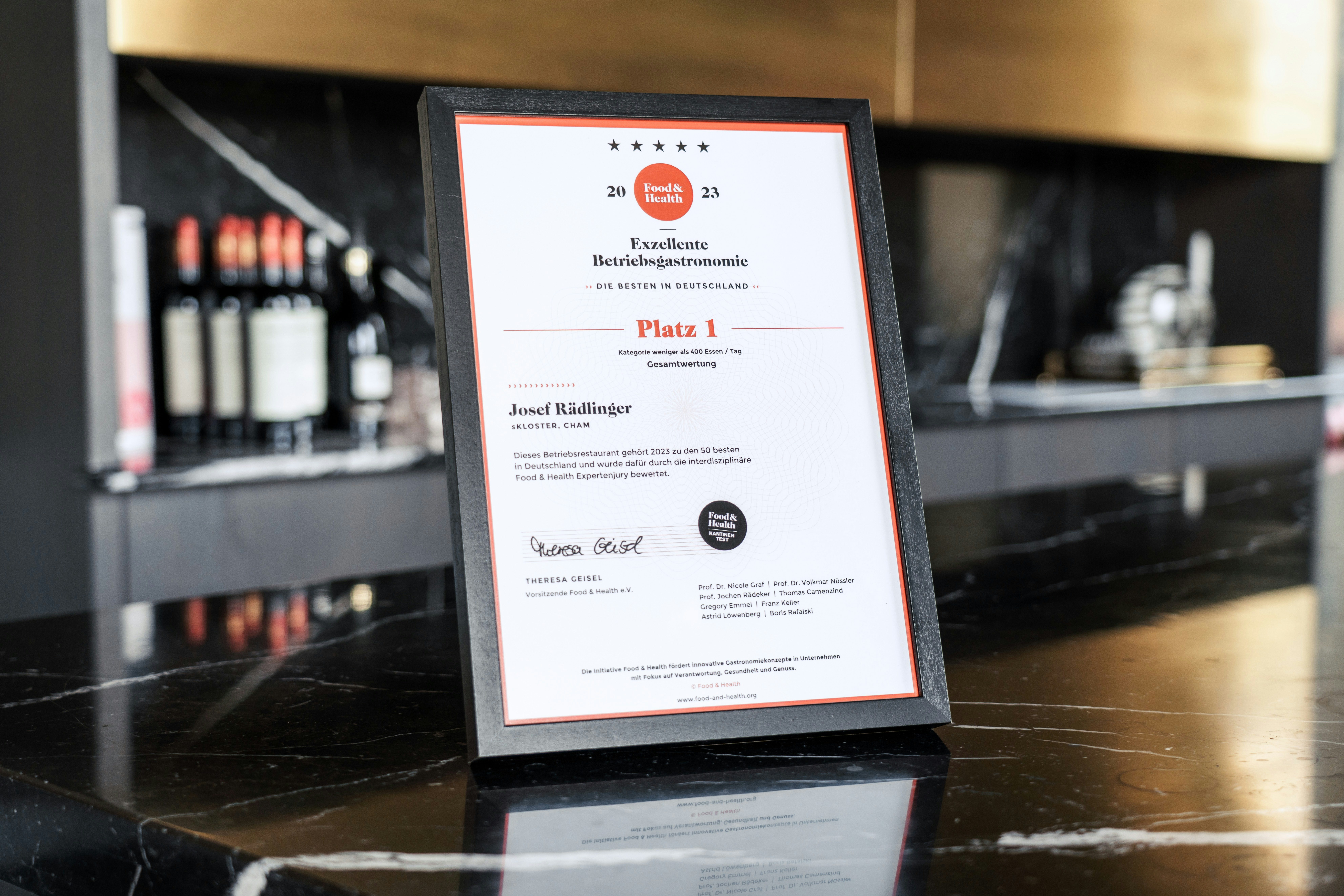 Urkunde des Kantinenkontest, bei dem das 's Kloster den ersten Platz erreichte